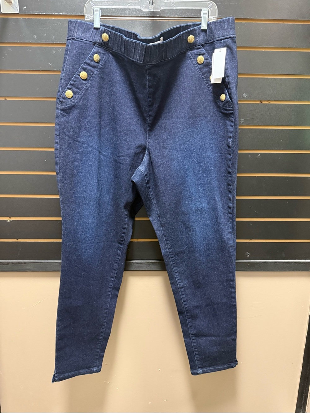 Lane Bryant NWT Pull-On Skinny Jeans Size 22 High Rise Dark Wash Gold Buttons